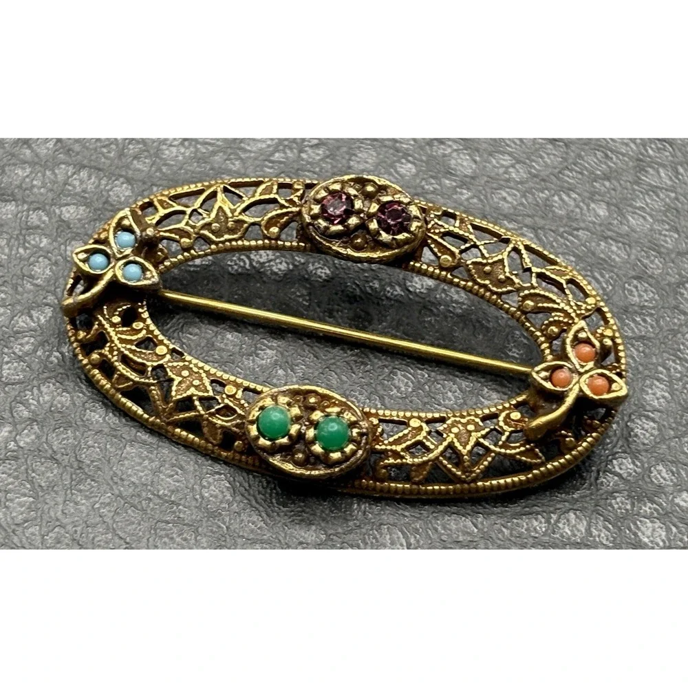 Vintage 1928 Brand Gold Tone Filigree Oval Brooch Etruscan - Victorian Style